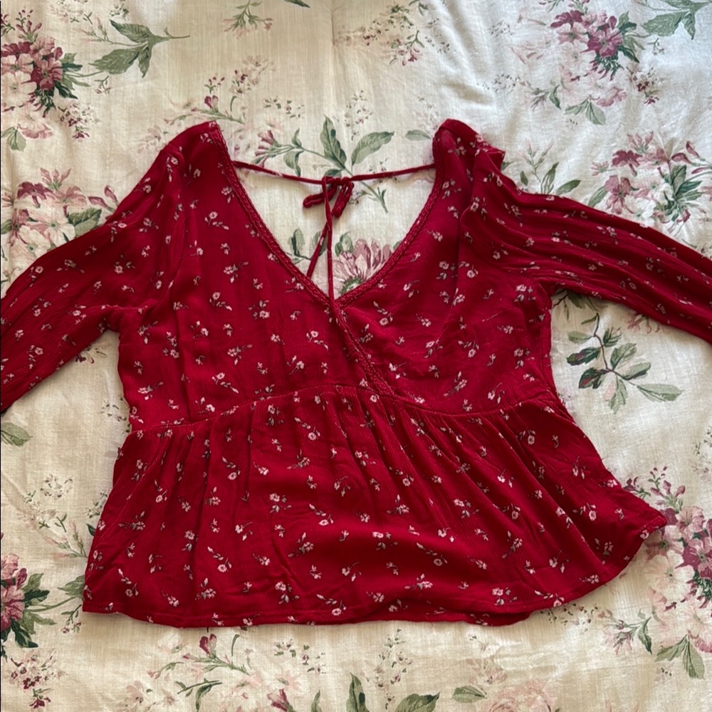 Hollister Red Peplum Blouse with Tie Back and Long Sleeves